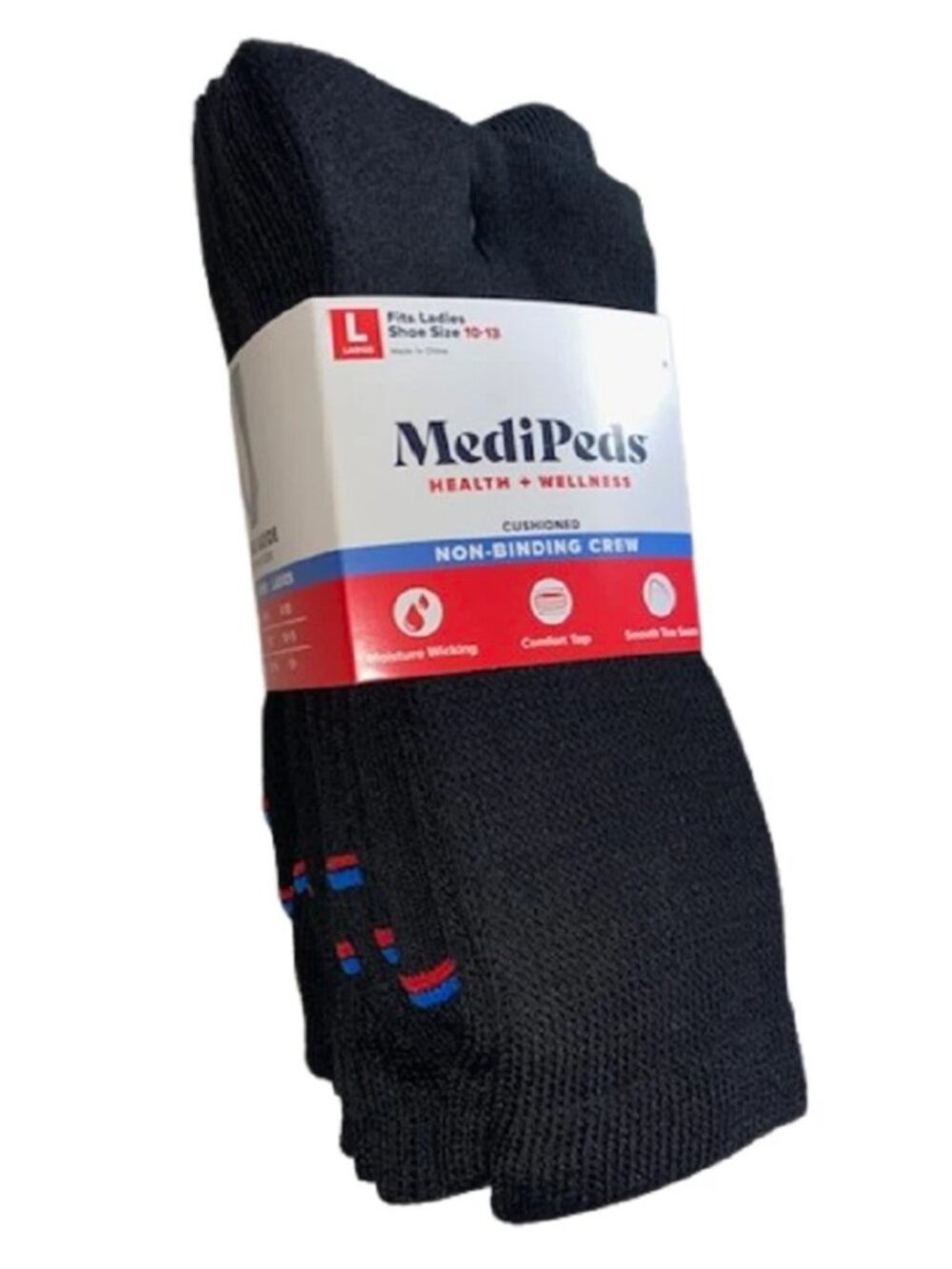 MediPeds 6 Pair Women's Cushioned Non-Binding Black Crew Socks, Shoe Size 10-13